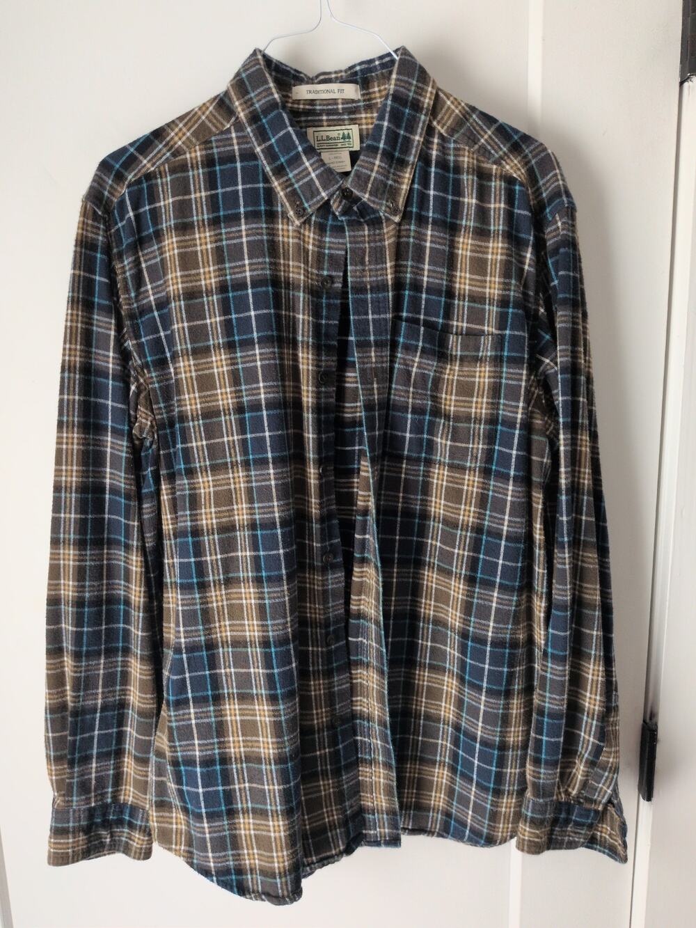 Vtg LL Bean Scotch Plaid Flannel Shirt Mens L Traditional Fit Brown Blue Plaid